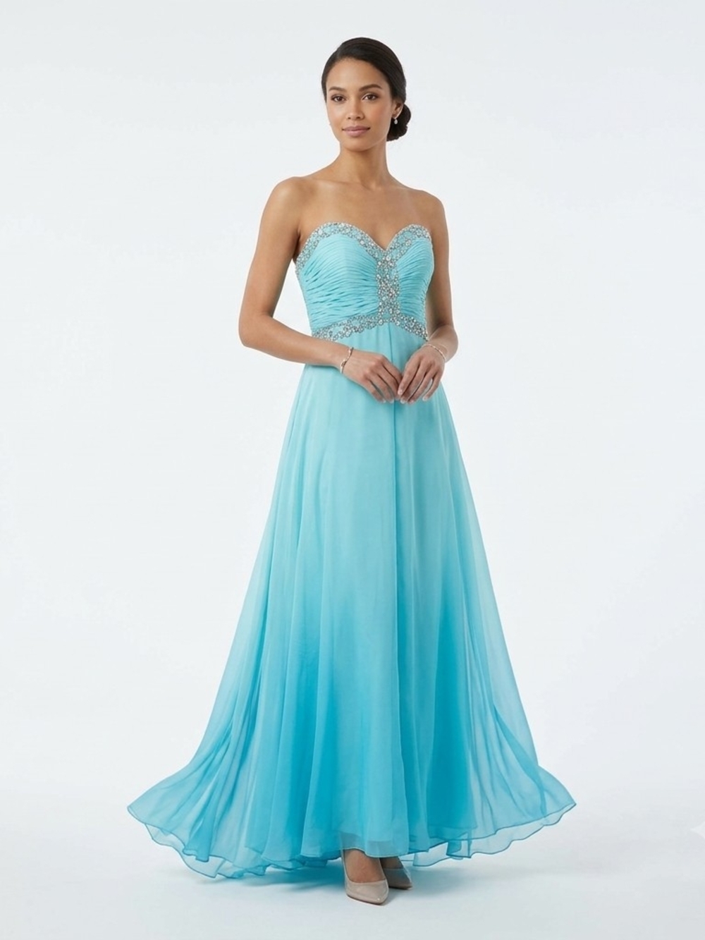Mac Duggal Bustier Gown Women 14 (Fits M/L) Aqua Beaded Strapless Formal Dress